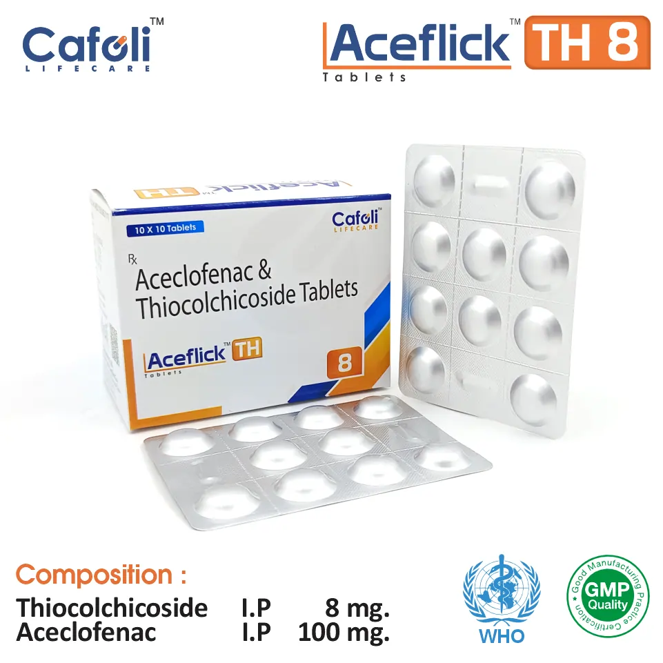 Aceclofenac 100mg + Thiocolchicoside 8mg at Best Price in PCD Pharma Franchise for Analgesic and Muscle Relaxants, Anti-inflammatory